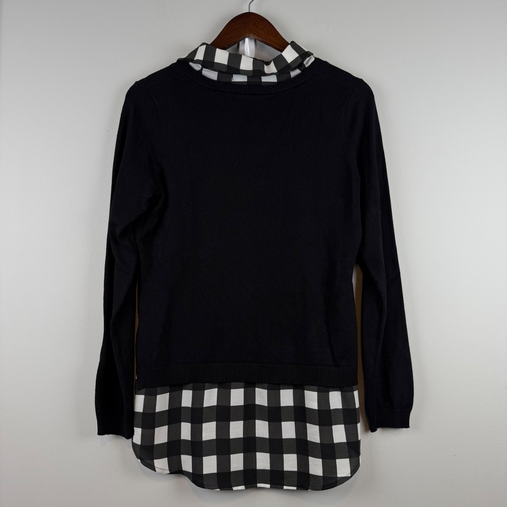 Adrianna Papell Layered Sweater Women S Black White Buffalo Plaid Mixed Media - Picture 2 of 8